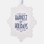 Happiest of Holidaysネイビー&金ゴールド紙吹雪写真 オーナメントカード (左)