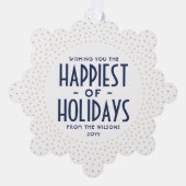 Happiest of Holidaysネイビー&金ゴールド紙吹雪写真 オーナメントカード (正面)