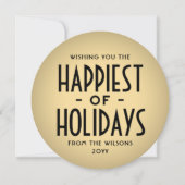 Happiest of Holidays Decoタイポグラフィラウンドフォト シーズンカード (正面)