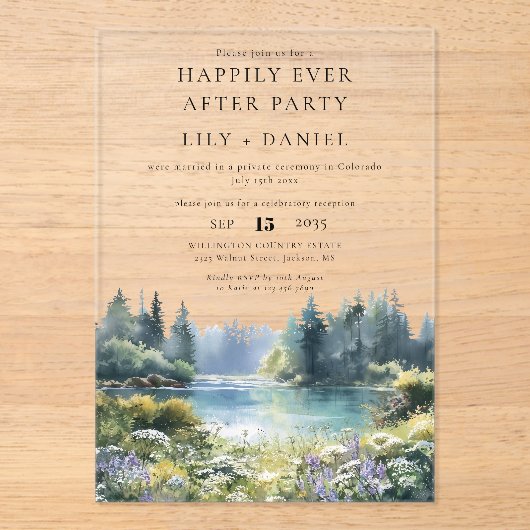 Happily Ever After Forest Lakeside Floral Wedding アクリル招待状 (正面)