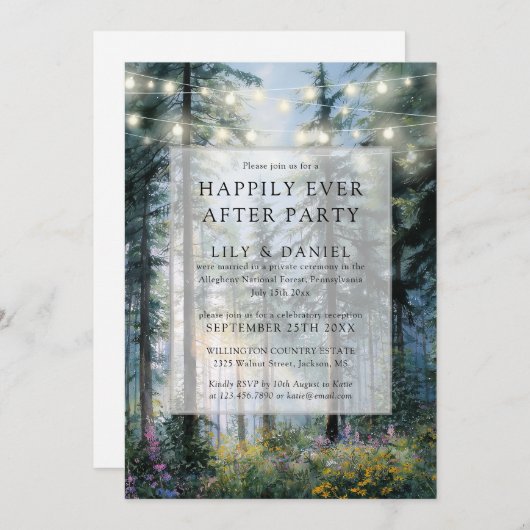 Happily Ever After Forest String Lights Wedding 招待状 (正面/裏面)