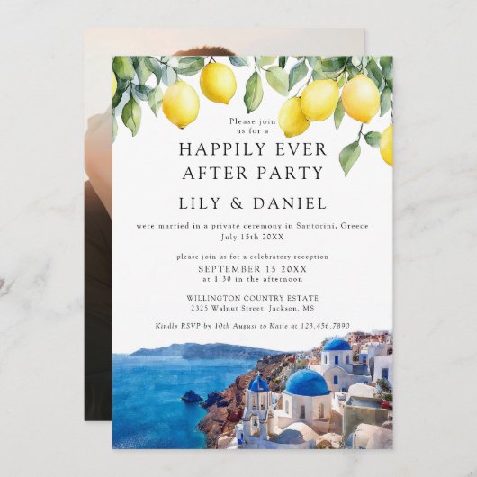 Happily Ever After Lemons Santorini Photo Wedding 招待状 (正面/裏面)