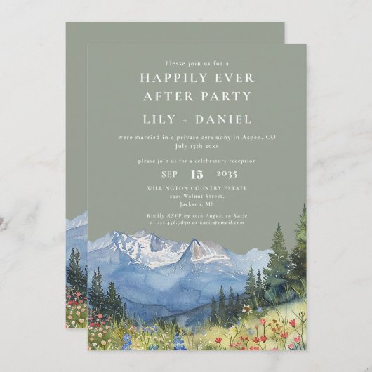 Happily Ever After Mountain Floral Sage Wedding 招待状 (正面/裏面)