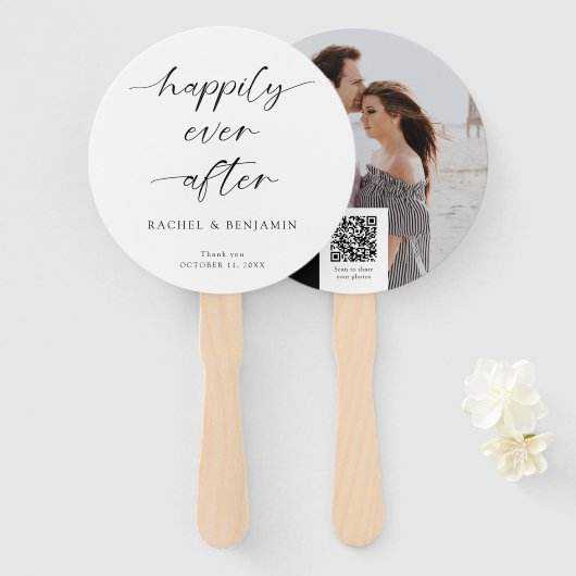 Happily Ever After Wedding Minimal QR Code Photo ハンドファン (正面&裏面)
