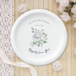 Happily Ever After White Rose Wedding Paper Plates ペーパープレート
