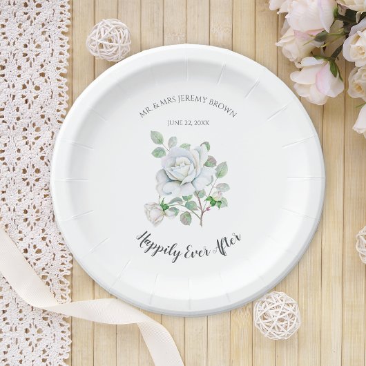 Happily Ever After White Rose Wedding Paper Plates ペーパープレート