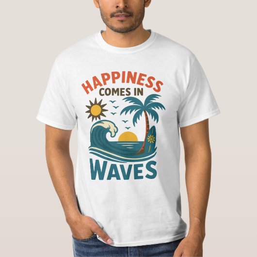 Happiness Comes in Waves - メンズ モチベーションビーチ Tシャツ (正面)