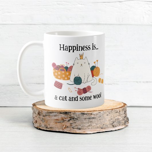 Happiness is a CAT and some WOOL Knitting Cat Mug コーヒーマグカップ