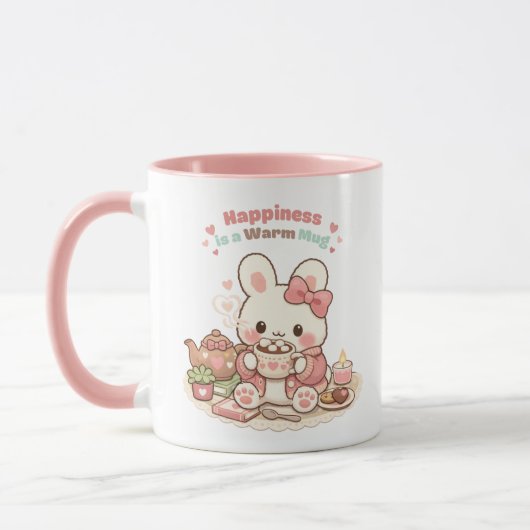 Happiness is a Warm Mug Cute Bunny Rabbit Pink マグカップ (左)