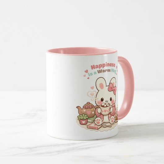 Happiness is a Warm Mug Cute Bunny Rabbit Pink マグカップ (正面右)