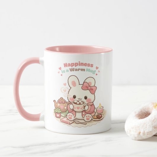 Happiness is a Warm Mug Cute Bunny Rabbit Pink マグカップ (ドーナツ)