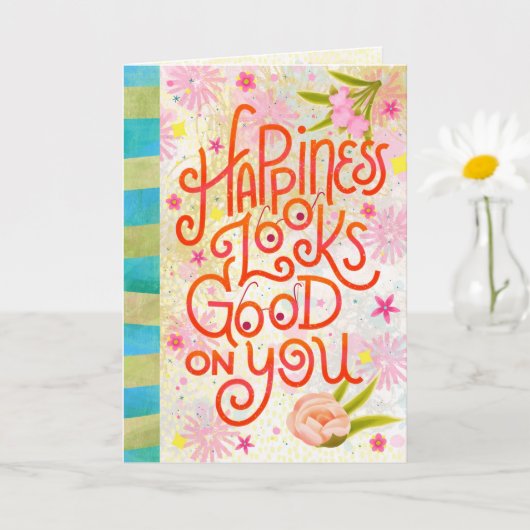 Happiness Looks Good on You – Whimsical Lettering カード (小さな植物)