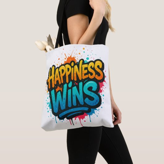 Happiness Wins Graffiti Design トートバッグ (クローズアップ)