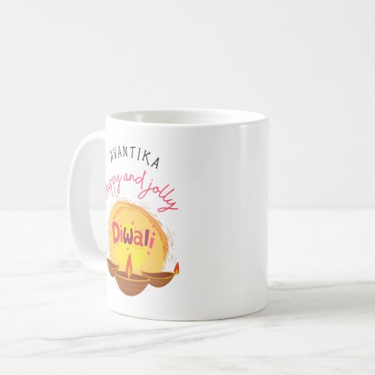 HappyとDiwaliのカスすてきタマイズ コーヒーマグカップ (正面左)