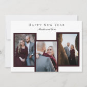 Happy エレガント New Year Script 3フォトコラージュ赤 シーズンカード (正面)