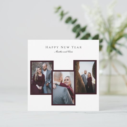 Happy エレガント New Year Script 3フォトコラージュ赤 シーズンカード (スタンド正面)