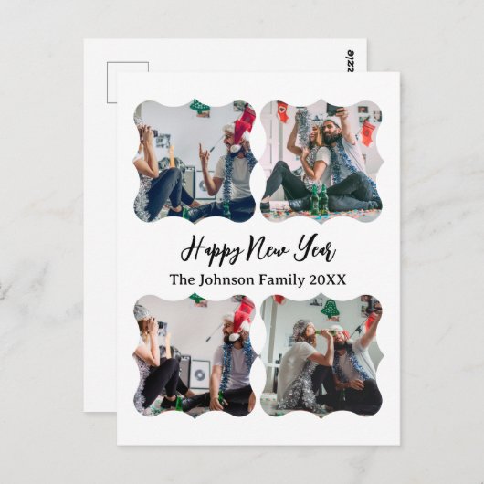 Happy パーソナライズされた New Year Script 4コラージュ写真 ポストカード (正面/裏面)