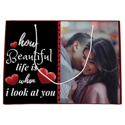 Happy パーソナライズされた Valentines's Dayの写真 ラージペーパーバッグ (正面)