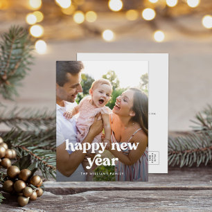 Happy ミニマル New Yearのタイポグラフィモダン写真 シーズンポストカード