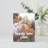Happy ミニマル New Yearのタイポグラフィモダン写真 シーズンポストカード (スタンド正面)