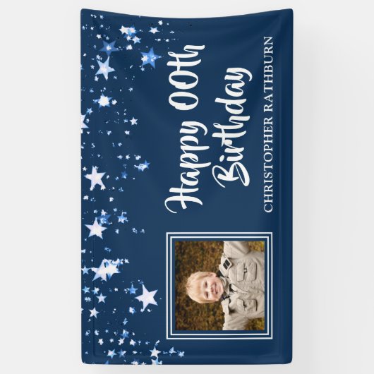 HAPPY #モダン誕生日星写真名Blue 横断幕 (縦)