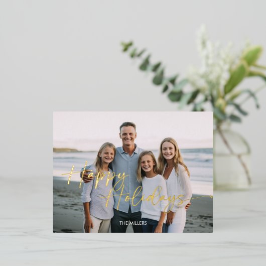Happy モダン Holidays Script 1ミニマル写真 箔シーズンポストカード (立ち正面)
