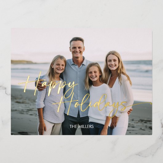 Happy モダン Holidays Script 1ミニマル写真 箔シーズンポストカード (正面)