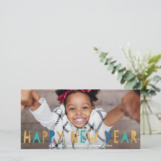 Happy モダン New Year金ゴールドフォイルフェイクアクアフォト付き シーズンカード (スタンド正面)