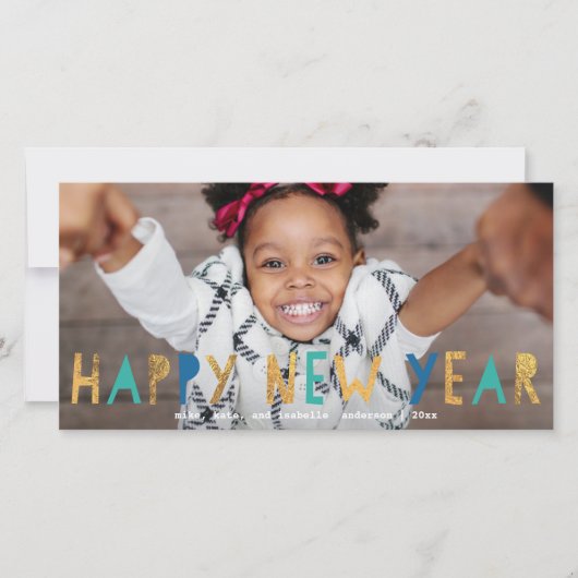 Happy モダン New Year金ゴールドフォイルフェイクアクアフォト付き シーズンカード (正面)