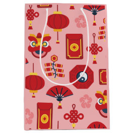 Happy 中国の New Yearシンボルピンク ミディアムペーパーバッグ