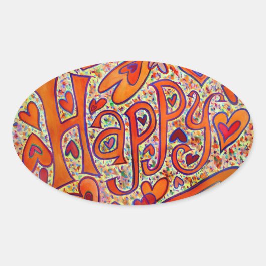 Happy 感動的 Wordアートステッカーデカール 楕円形シール (正面)