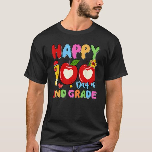 Happy 100 Days Of 2nd Grade Pencil Apples Kids Tea Tシャツ (正面)