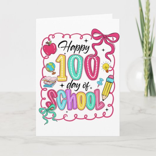Happy 100 Days of School Pink Bow カード (正面)