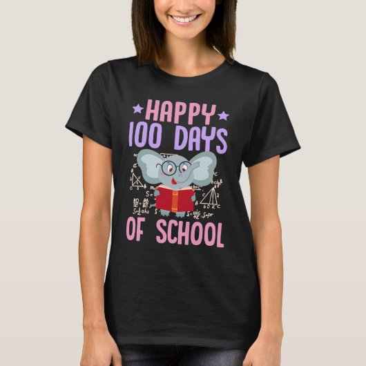 Happy 100 Days Of School Reading Elephant Math Tea Tシャツ (正面)