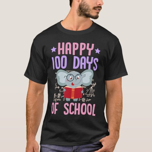 Happy 100 Days Of School Reading Elephant Math Tea Tシャツ (正面)