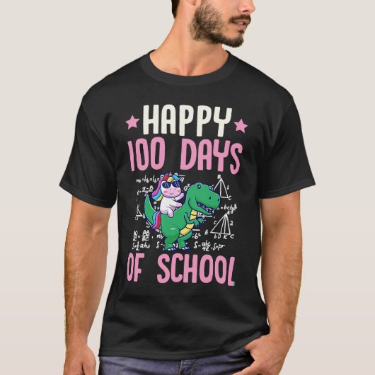 Happy 100 Days Of School Unicorn Rex Dinosaur Math Tシャツ (正面)