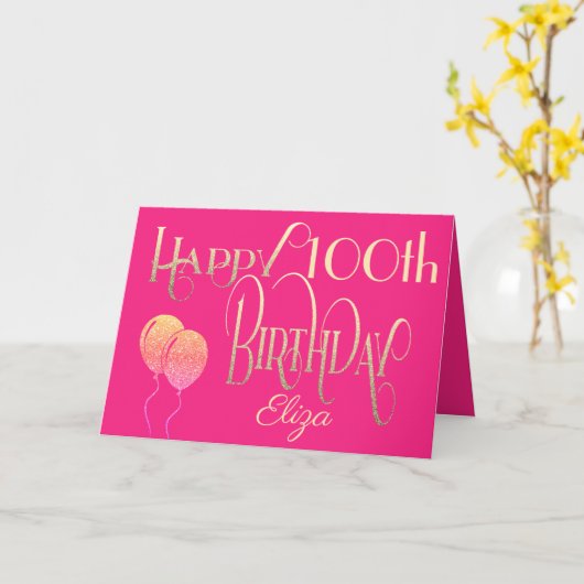Happy 100th誕生日名スクリプトスタイリッシュ金ゴールドピンク カード (黄色い花)
