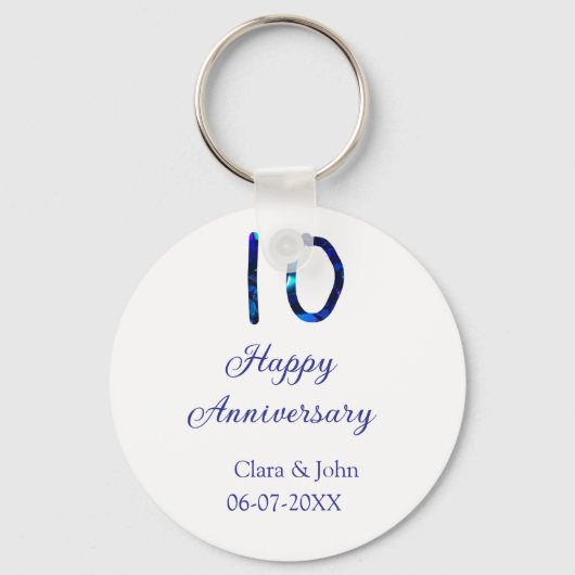 Happy 10th anniversaryブルーグリッターの名前の追加日付 キーホルダー (正面)