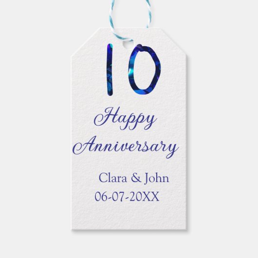 Happy 10th anniversaryブルーグリッターの名前の追加日付 ギフトタグ (正面)