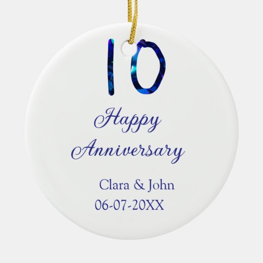 Happy 10th anniversaryブルーグリッターの名前の追加日付 セラミックオーナメント (正面)