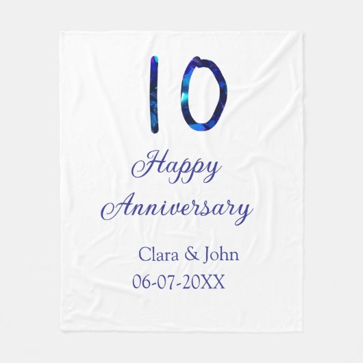 Happy 10th anniversaryブルーグリッターの名前の追加日付 フリースブランケット (正面)