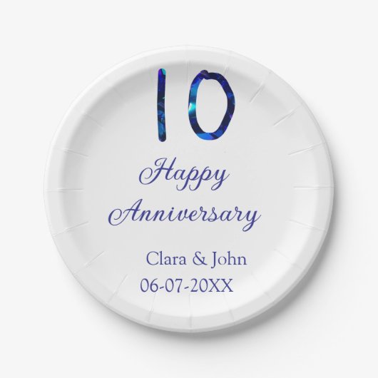 Happy 10th anniversaryブルーグリッターの名前の追加日付 ペーパープレート (正面)