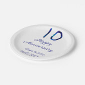 Happy 10th anniversaryブルーグリッターの名前の追加日付 ペーパープレート (アングル)