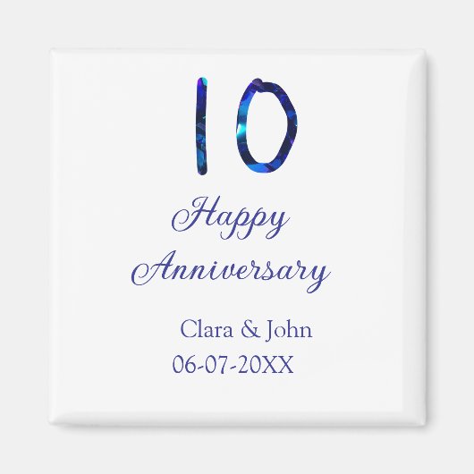 Happy 10th anniversaryブルーグリッターの名前の追加日付 マグネット (正面)