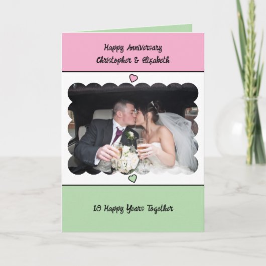 Happy 10th Anniversary add name pink green カード (正面)