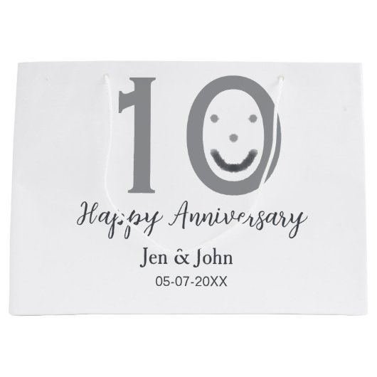 Happy 10th anniversary name date gray bold emoji ラージペーパーバッグ (正面)
