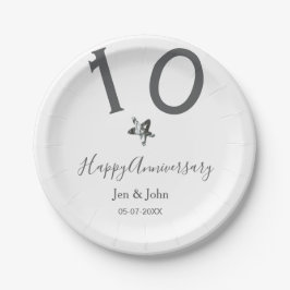 Happy 10th anniversary name date gray metal star b ペーパープレート