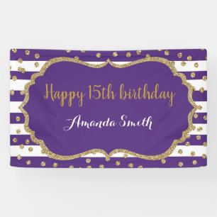 Happy 15th Birthday Banner Purple and Gold Glitter 横断幕