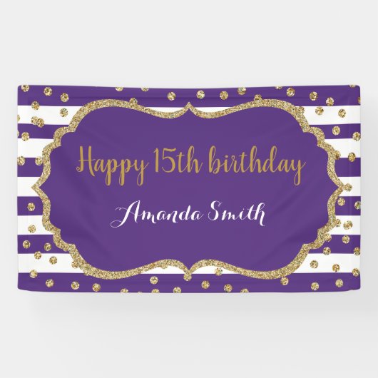 Happy 15th Birthday Banner Purple and Gold Glitter 横断幕 (横)