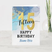 Happy 15th Birthday Watercolor Blue & gold Boy カード (正面)